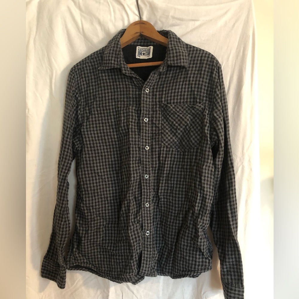 Converse One Star Plaid Button Down Shirt, Black and Gray